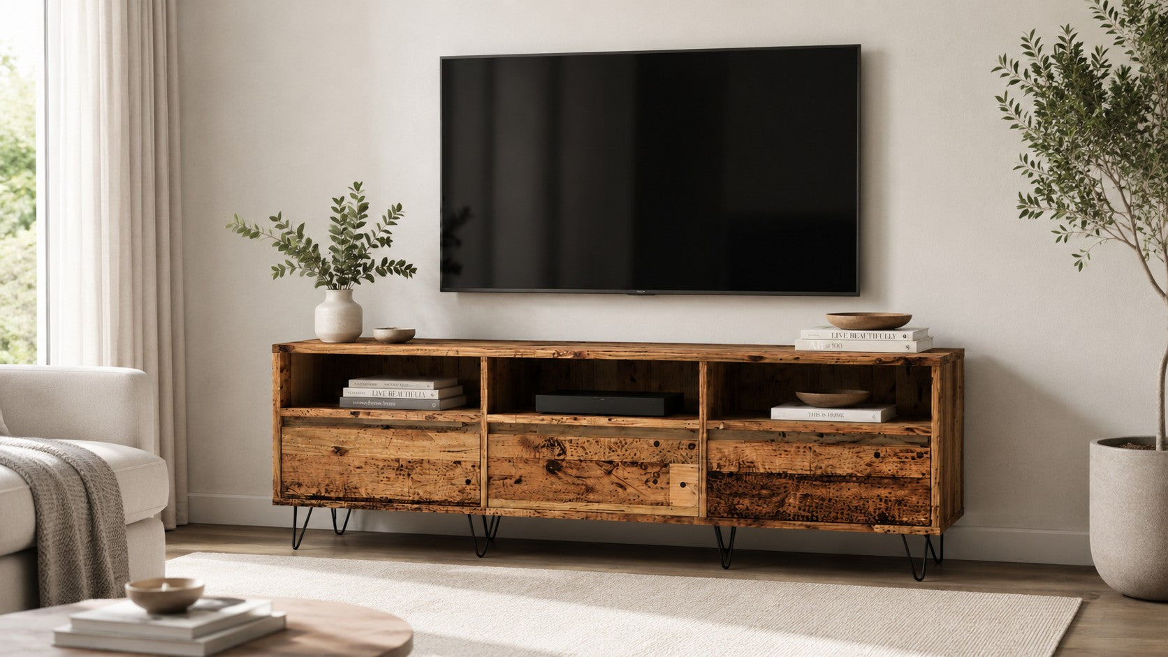 Meuble TV Loftora en bois naturel avec pieds en épingle et rangements, dans un salon au design épuré et chaleureux.