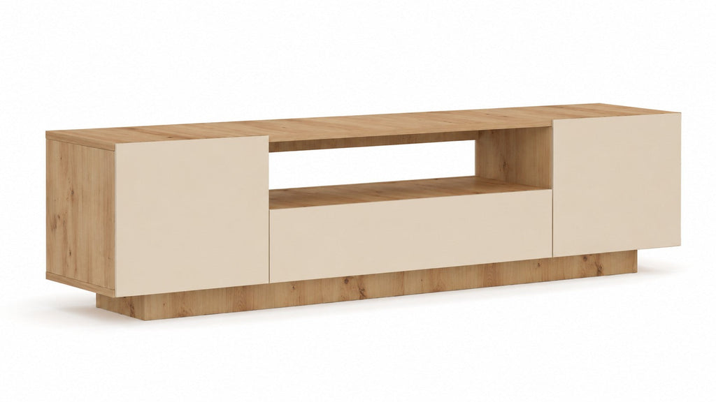 Meuble TV Loftora en bois chêne artisanal avec façades crème et espace de rangement ouvert