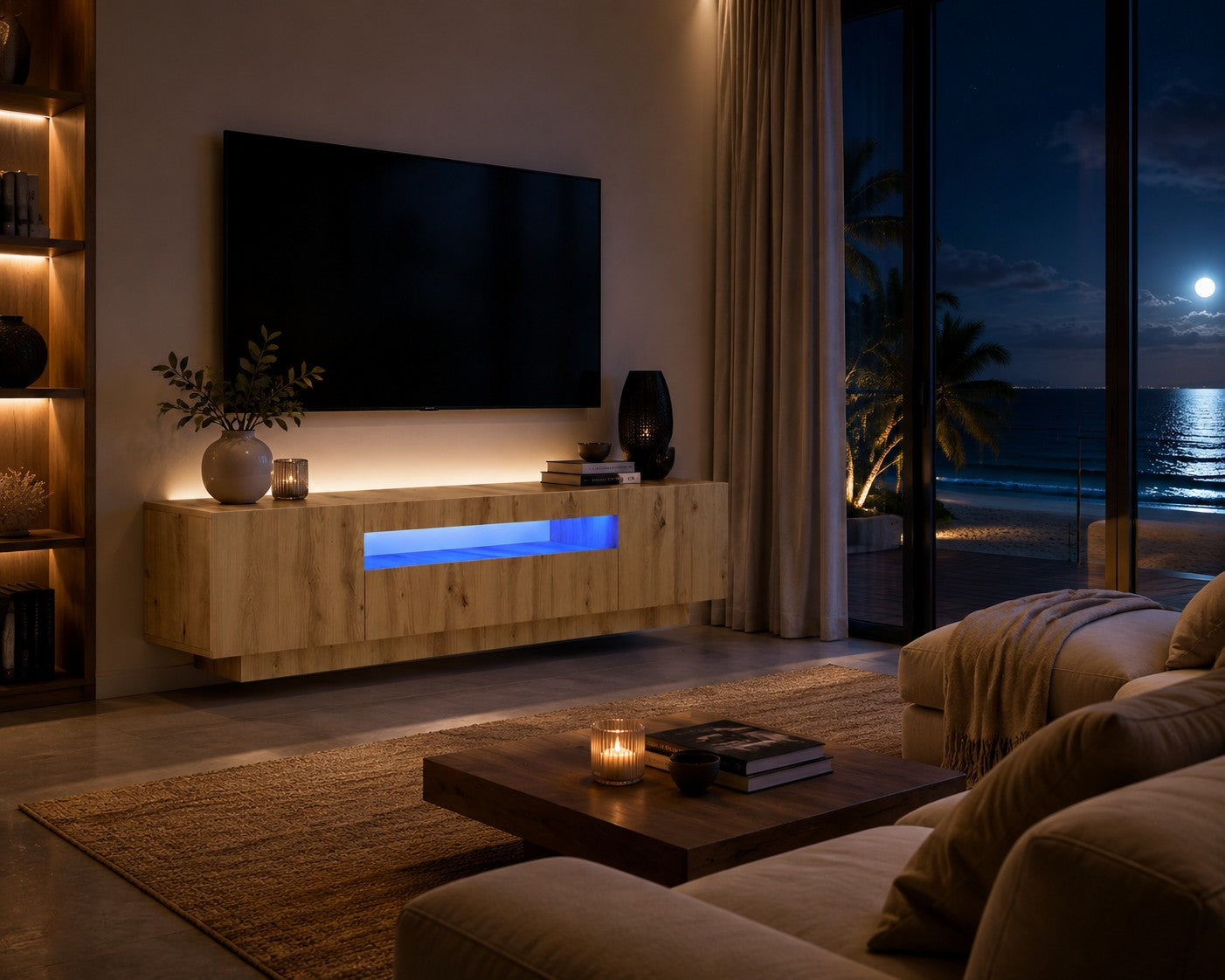 Meuble TV suspendu Loftora en bois chêne artisanal avec éclairage LED bleu dans un salon moderne face à la mer