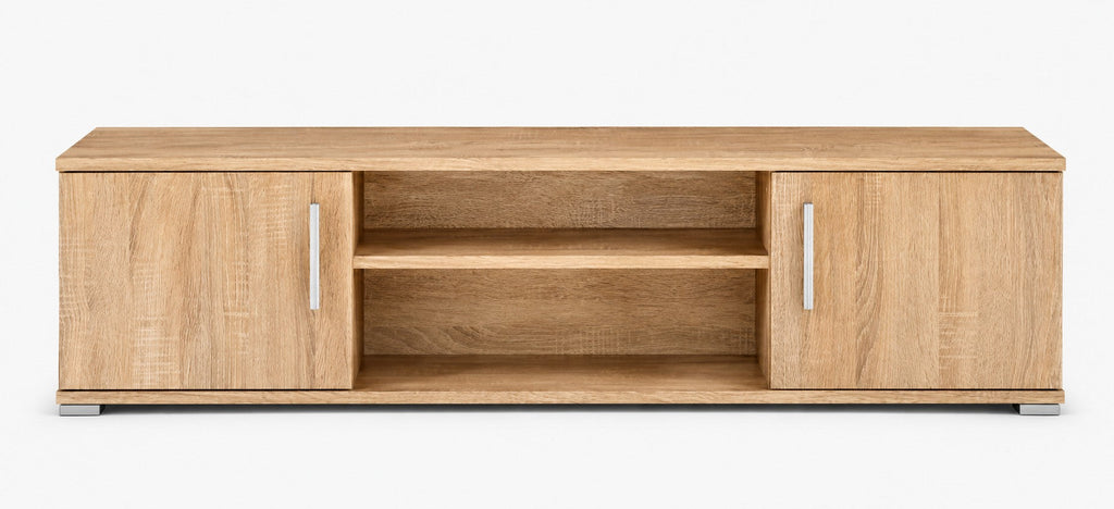 Meuble TV Loftora en chêne sonoma avec deux placards latéraux et niches centrales ouvertes sur fond blanc