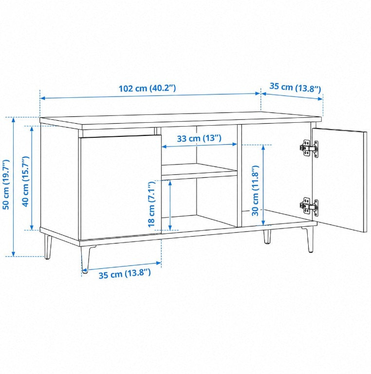 Schéma technique du meuble TV Loftora avec dimensions, montrant deux placards et une niche centrale sur pieds