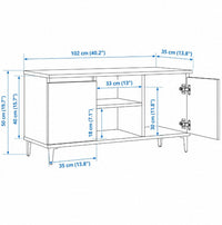Schéma technique du meuble TV Loftora avec dimensions, montrant deux placards et une niche centrale sur pieds