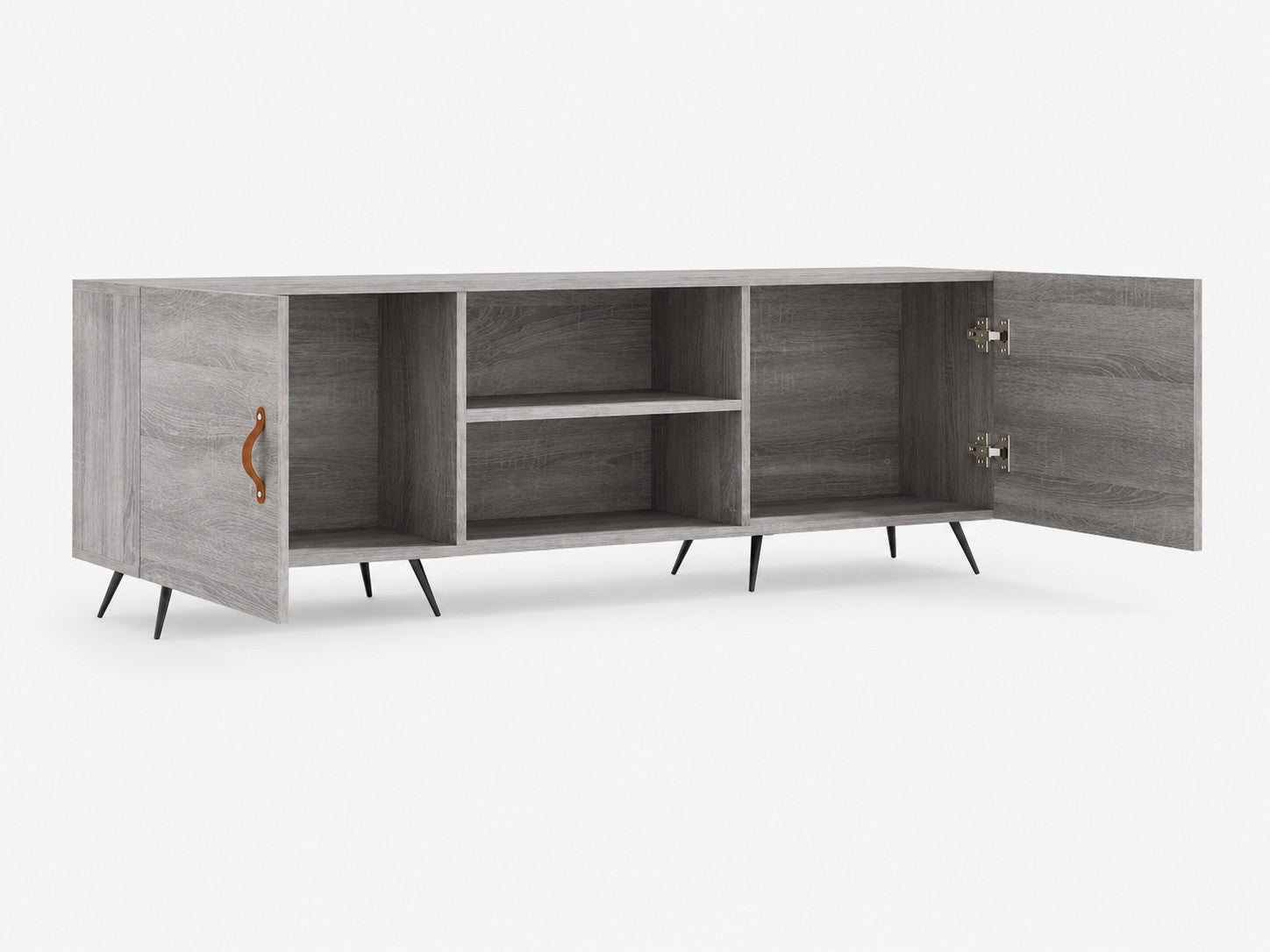 Meuble TV Loftora gris finition Sonoma avec pieds en métal noir, poignées en cuir et espaces de rangement ouverts. Image