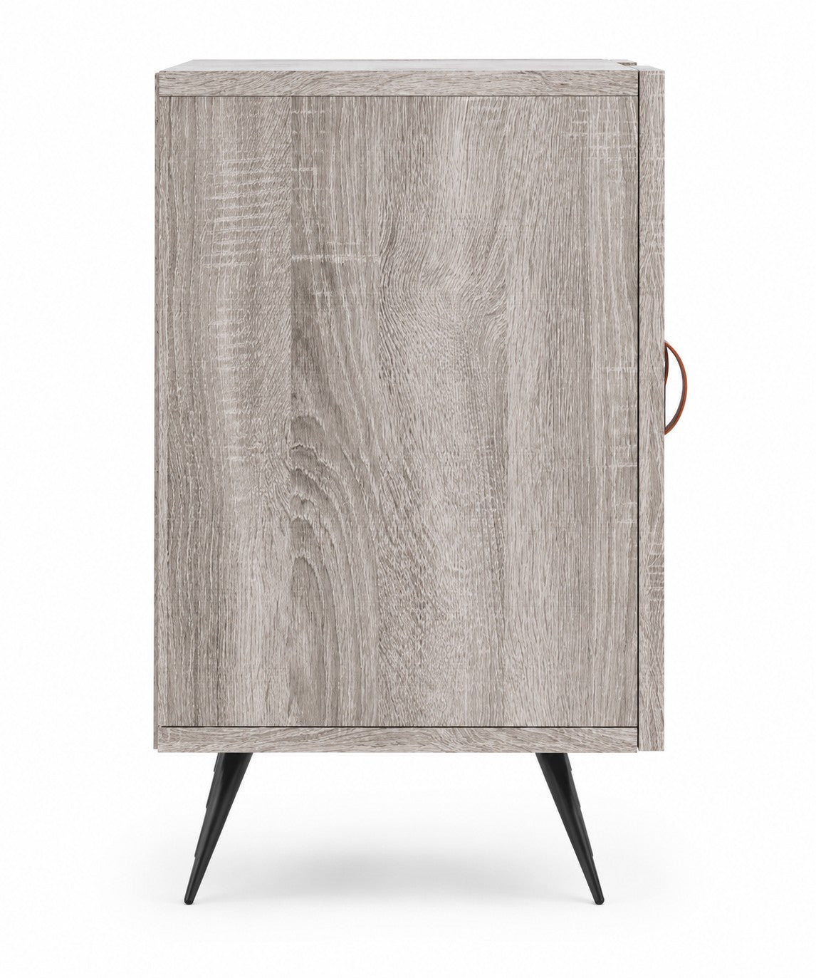 Meuble TV Loftora en bois gris Sonoma avec pieds en métal noir et poignée en cuir, vue latérale fermée