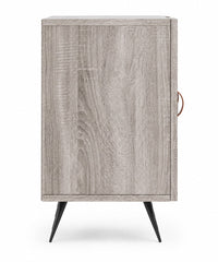 Meuble TV Loftora en bois gris Sonoma avec pieds en métal noir et poignée en cuir, vue latérale fermée
