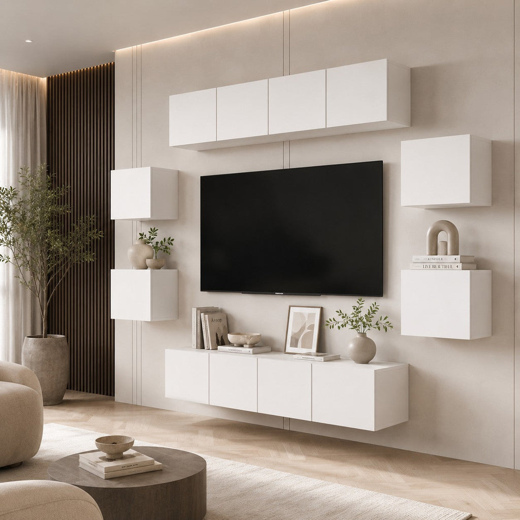 Ensemble de meubles muraux Loftora blancs modulables pour salon avec rangement TV suspendu et design minimaliste