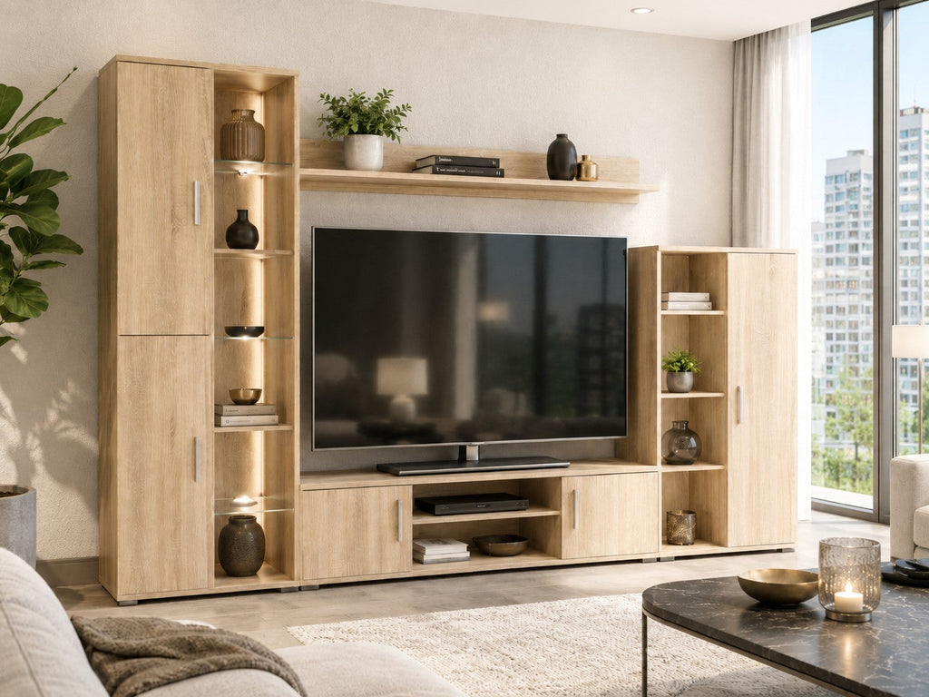 Ensemble meuble TV mural Loftora en bois chêne sonoma avec vitrine éclairée par LED et étagère de rangement moderne