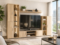 Ensemble meuble TV mural Loftora en bois chêne sonoma avec vitrine éclairée par LED et étagère de rangement moderne