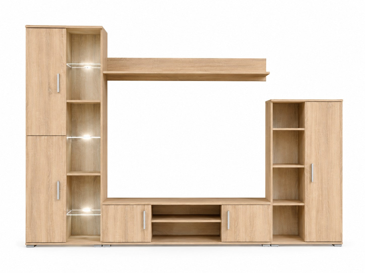 Ensemble meuble TV mural Loftora en bois chêne sonoma avec vitrine éclairée par LED et étagères de rangement Image