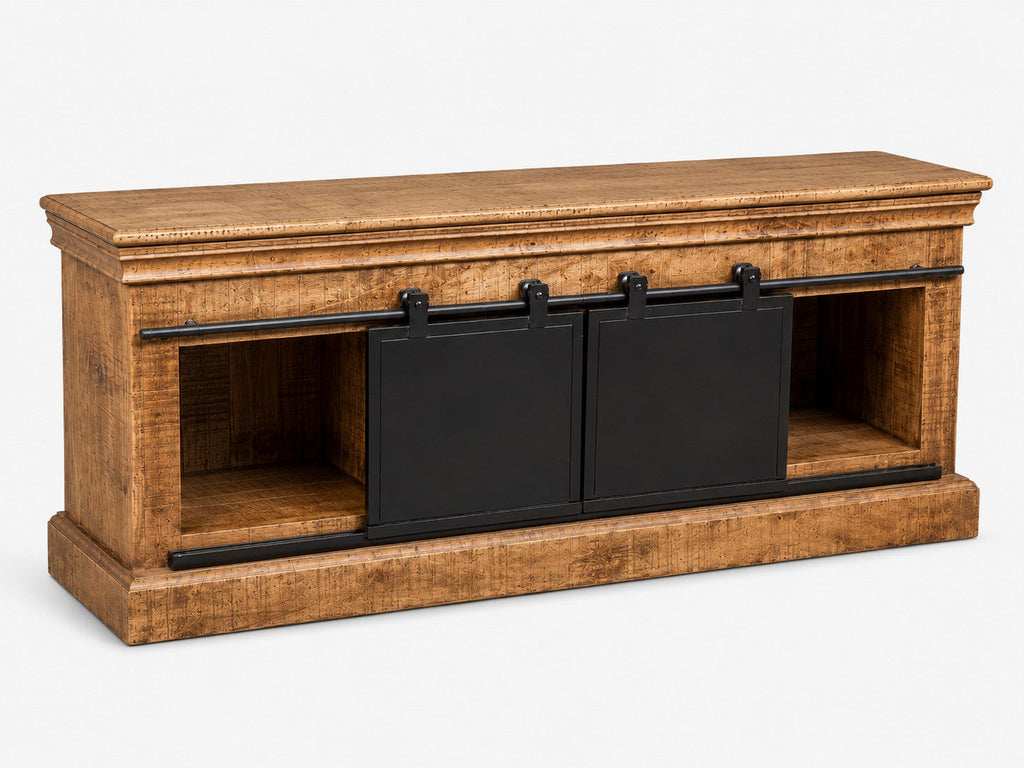 Meuble télévision rustique Loftora en bois naturel avec portes coulissantes noires style grange sur rail métallique