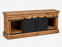 Meuble télévision rustique Loftora en bois naturel avec portes coulissantes noires style grange sur rail métallique