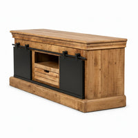Meuble télévision rustique Loftora en bois naturel avec portes coulissantes noires style grange et tiroir central