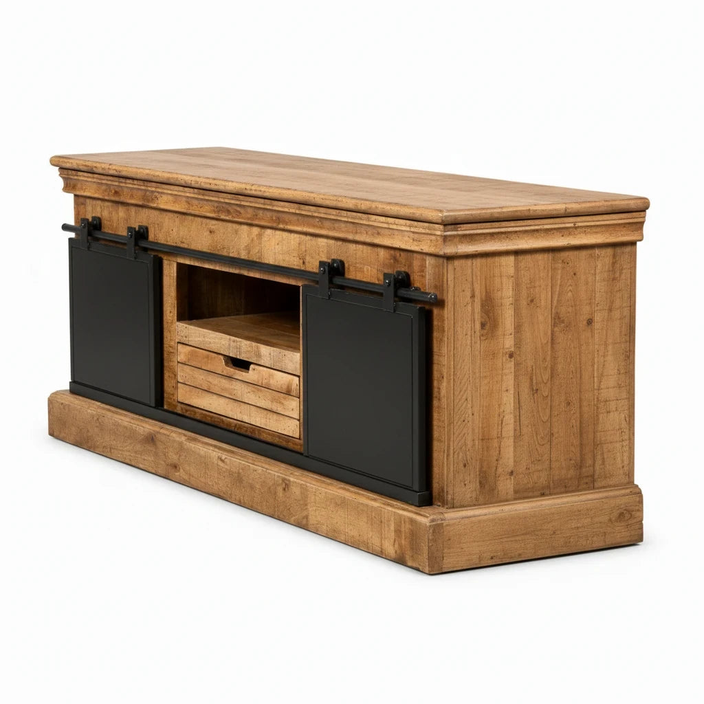 Meuble télévision rustique Loftora en bois naturel avec portes coulissantes noires style grange et tiroir central