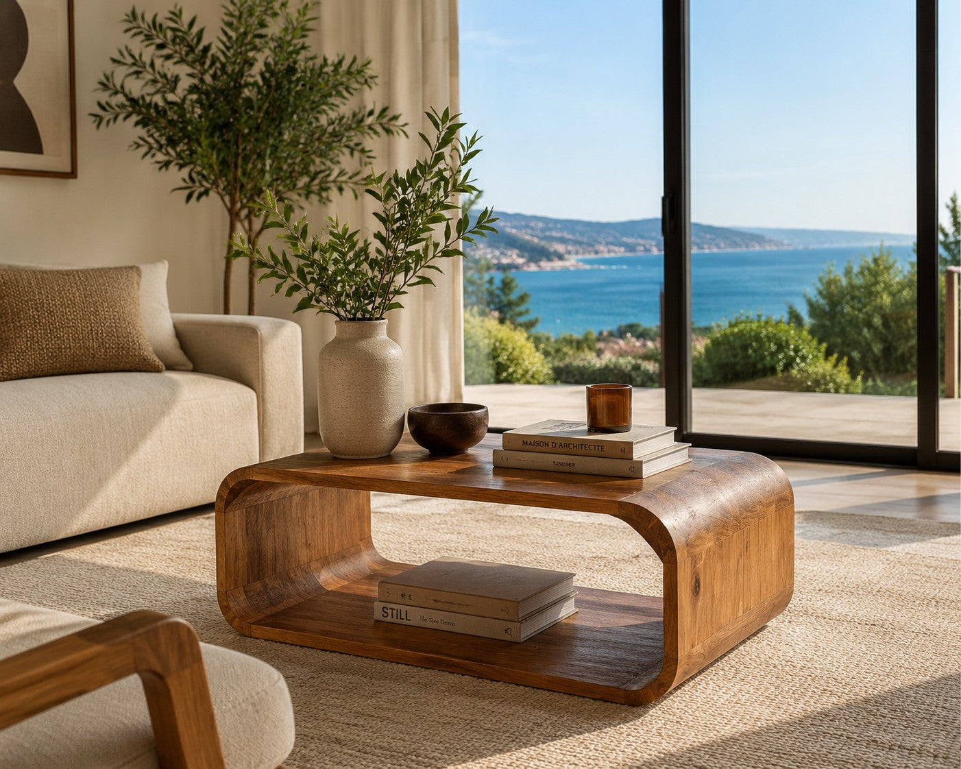 Table basse Loftora en bois d'acacia massif aux lignes courbes avec espace de rangement dans un salon lumineux