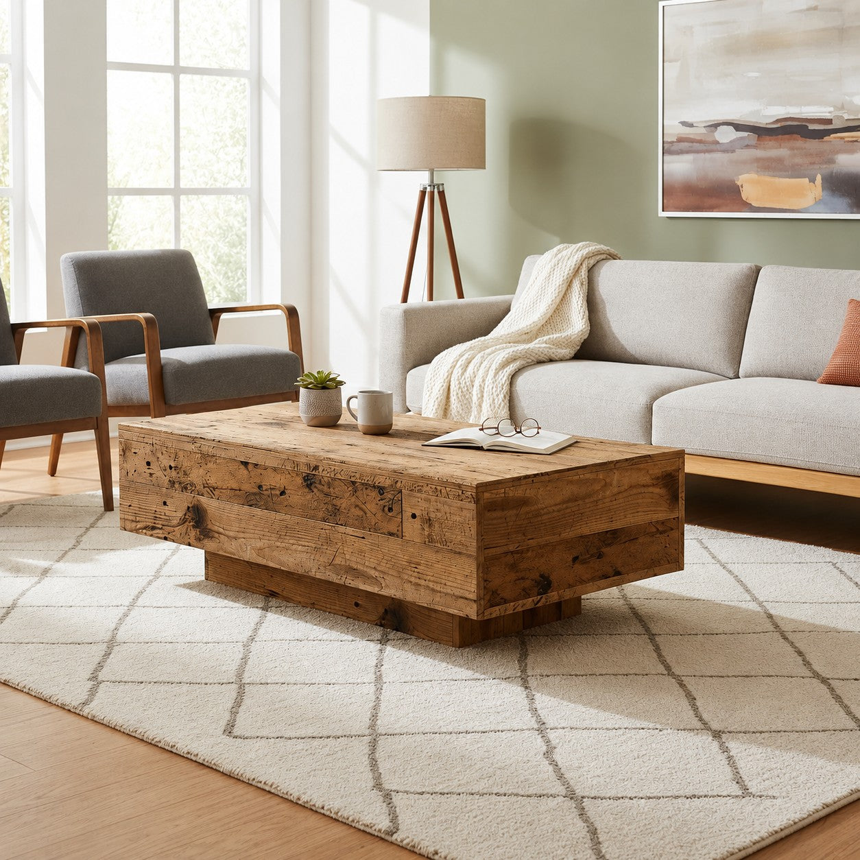 Table basse rectangulaire Loftora en bois massif effet vieux bois avec socle central dans un salon chaleureux Image