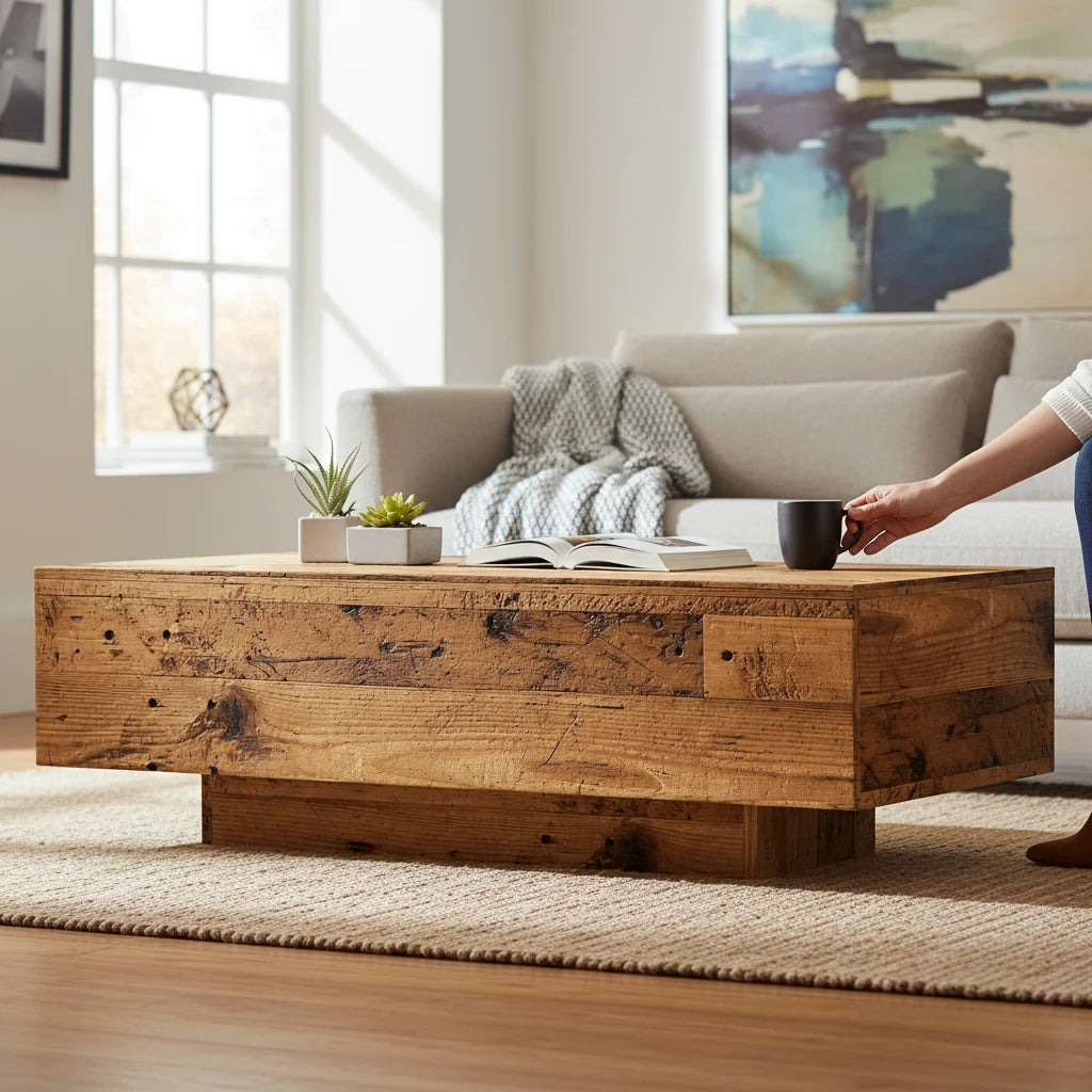 Table basse Loftora rectangulaire en bois massif effet vieux bois avec socle central dans un salon chaleureux Image