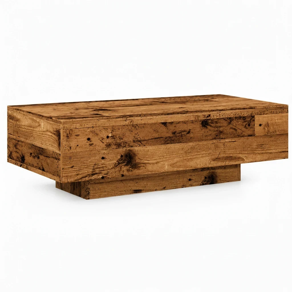 Table basse rectangulaire Loftora en bois massif effet vieux bois avec socle central discret pour un style rustique