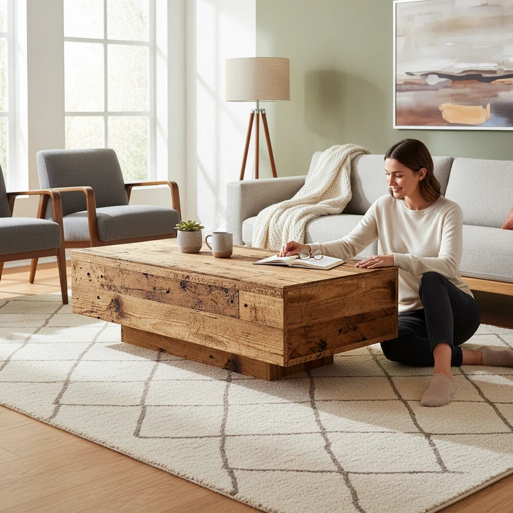 Table basse rectangulaire Loftora en bois massif effet vieux bois dans un salon lumineux et chaleureux