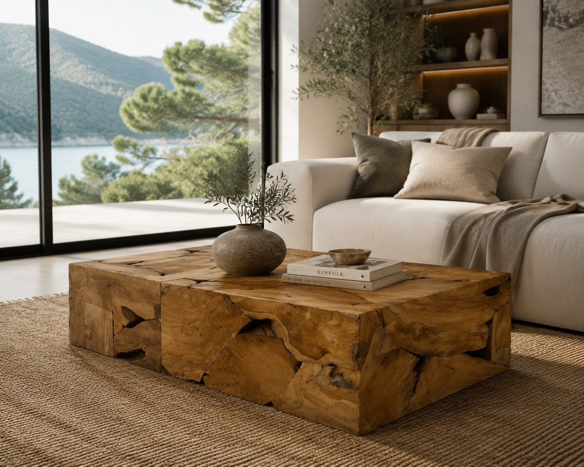 Table basse Loftora en teck massif au design rustique et naturel dans un salon lumineux avec vue sur la mer