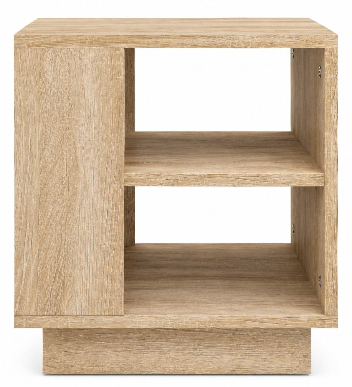 Table de chevet Loftora en bois finition Sonoma avec étagères de rangement ouvertes au design moderne et minimaliste