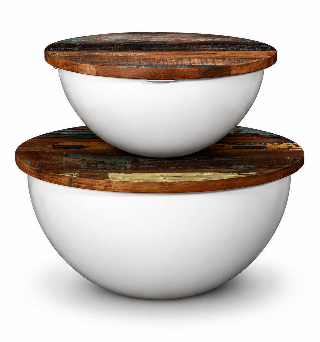 Ensemble de deux tables basses gigognes Loftora avec base hémisphérique en acier blanc et plateau en bois recyclé
