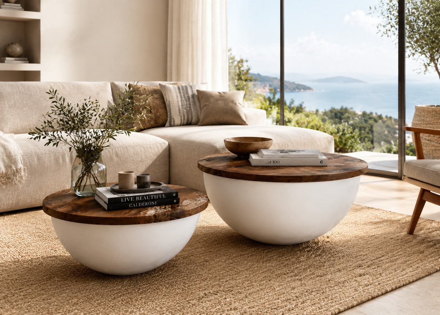 Ensemble de deux tables basses gigognes Loftora avec base hémisphérique blanche et plateau en bois massif rond Image