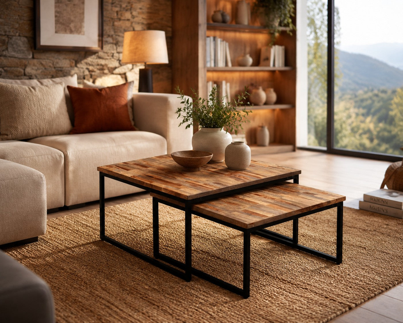 Ensemble de tables basses gigognes Loftora en teck recyclé avec plateaux en bois mosaïque et structure en métal noir