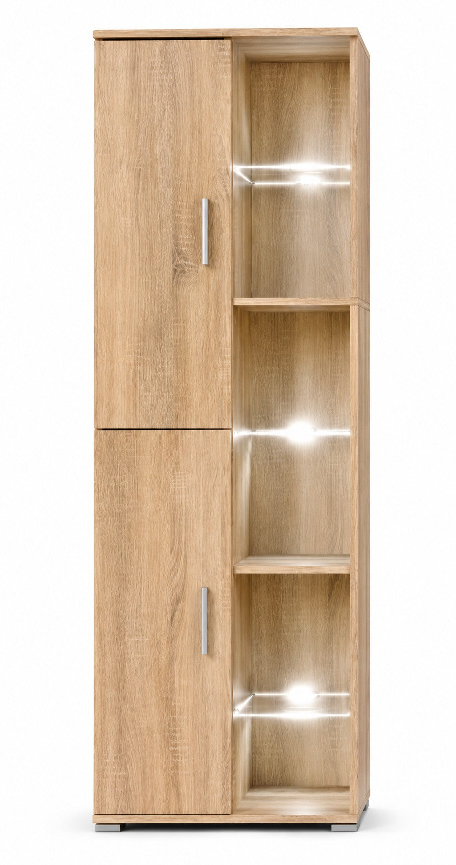 Vitrine Loftora en chêne sonoma avec portes fermées et étagères ouvertes éclairées par LED pour salon moderne